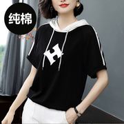 纯棉2022连帽t恤女短袖夏装，半袖h印花宽松体恤，抽绳黑色上衣服