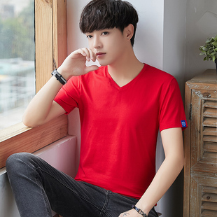 夏季男士短袖t恤v领韩版修身大红色，本命年百搭半袖体恤鸡心领上衣