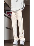 米白色高个子加长裤子美式高街青少年运动卫裤男款窄版直筒休闲裤