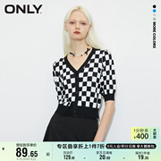 only奥莱夏季v领棋盘格泡泡，袖薄短袖开衫针织衫女