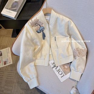 短款小香风夹克2024外套，女装高级感新中式国风，刺绣休闲棒球服上衣