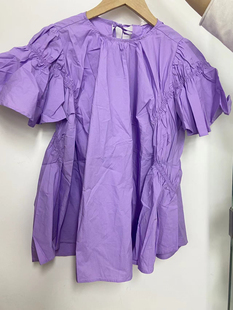 110-120码 紫色褶皱连衣裙女宽松短袖夏季茧型设计感小众百搭裙子