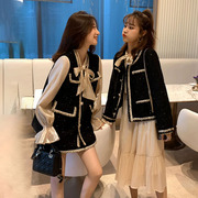 大码女装韩版潮流外穿百搭显瘦时尚小众小香风假两件上衣裙子套装