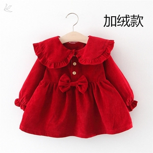 一周岁抓周服女宝女童冬装套装红色过年服洋气中国风加绒连衣裙