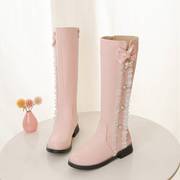 童靴女童靴子高筒靴粉色儿童软皮时尚洋气长筒靴中大童加绒0928n