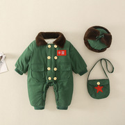 棉新生儿衣服加绒加厚2岁宝宝哈衣保暖服东北军，绿色连体衣婴儿冬