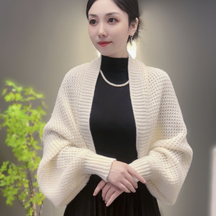 韩版纯色2024密织开衫长袖披肩外搭高端女士外套时尚洋气高档