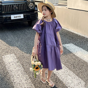 女童纯棉连衣裙夏季2024洋气短袖夏天中大童紫色儿童裙子夏装