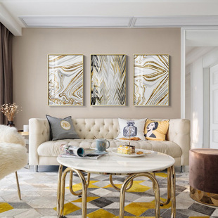 客厅装饰画现代简约抽象三联画沙发背景墙面美式轻奢挂画金色线条