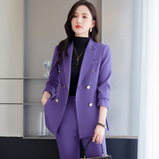 时尚紫色小西装外套女春秋气质女神范双排扣西服套装商务正装