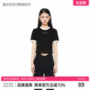 SeeCeciStreet黑白撞色女短袖T恤2024夏拼接修身刺绣透气上衣