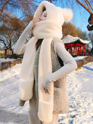 小熊帽子围巾手套一体帽女生冬季2023加绒毛绒可爱保暖三件套