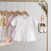童装夏装2023韩版女童假两件短袖，t恤婴儿，上衣女宝宝蕾丝打底衫潮
