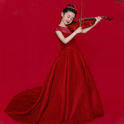 儿童礼服高端红色，拖地走秀长裙小主持人，钢琴小提琴表演演出连衣裙
