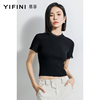 Yifini/易菲修身显瘦短袖T恤女春夏黑色短款时尚针织小衫