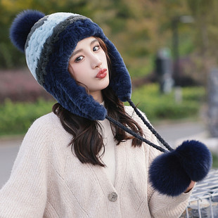 冬季獭兔毛拼色护耳，帽狐狸毛球可爱蓝色，皮草帽子加厚保暖女