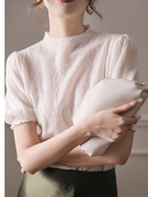 白色蕾丝短袖t恤女夏季圆领气质钩花镂空针织衫T薄法式泡泡袖上衣