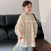 韩系童装女童彩色圆点中长款衬衫春季小女孩宽松纯棉长袖上衣