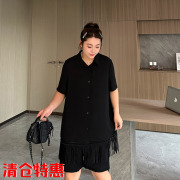 中长款雪纺流苏大码衬衫女装200斤夏季胖mm宽松显瘦短袖衬衣