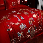 百子图四件套结婚喜庆大红色贡缎刺绣六件套喜被纯棉中式婚庆床品