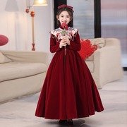 红色女童新年礼服主持人，高端花童公主，裙秋冬季儿童钢琴演奏演出服