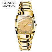 TAISIGE商务男士手表钨钢时尚超薄间金方形双历石英表