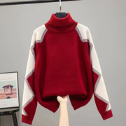 红色毛衣女款2023秋冬加厚内搭打底衫冬季高领针织衫上衣
