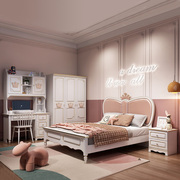 儿童房间家具组合套装全套公主床，女孩卧室粉色小女童床带衣柜书桌