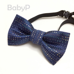 babyp定制儿童宝宝深蓝金线条纹，男童婴儿小领结花童宴会演出领结