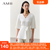 amii2024夏法式(夏法式)雪纺衫女喇叭袖v领白色衬衫设计感配腰带上衣