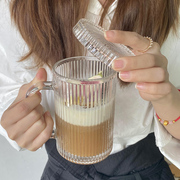 ins风简约竖条纹咖啡杯玻璃，杯子带把手有盖带勺拿铁马克水杯透明