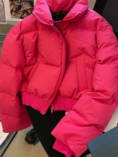 玫红色立领短款面包服女潮冬季2023时尚甜美百搭洋气棉服外套