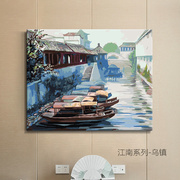 江南山水DIY手绘填色数字油画风景船水墨中国古风装饰油彩画客厅