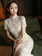 米白色蕾丝旗袍2023年夏季改良复古中国风高端气质长款连衣裙