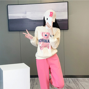 韩系可爱风甜美减龄休闲时尚运动套装女小熊，印花卫衣粉色卫裤洋气