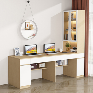 全实木电脑桌书桌书架一体台式简约现代家用转角办公桌双人学习桌