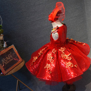 儿童礼服红色新年礼服女童短款蓬蓬裙主持走秀元旦喜庆表演演出服