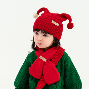 儿童帽子冬季宝宝毛线帽针织圣诞男女童保暖围巾婴儿套装新年红色