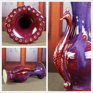 禹州钧瓷花瓶中式家居，卧室台面陶瓷，插花装饰品摆件紫红色孔雀