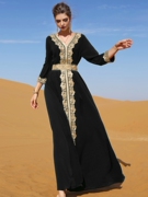 雪纺黑色刺绣蕾丝优雅复古连衣裙，度假华丽中东女装九分袖长裙