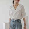 批发夏季女装韩版气质设计感小众短袖，衬衣宽松性感低v领衬衫