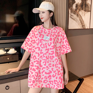 中长款粉红色短袖t恤女薄款夏装2024年大码韩版宽松圆领上衣