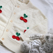 蒙威飒儿童镂空羊绒衫白色手工，樱桃甜美可爱薄开衫圆领毛衫