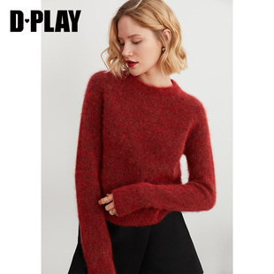 dplay黑标冬新慵懒风针织衫，气质复古酒红色马海毛毛衣