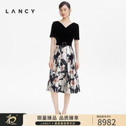 LANCY/朗姿桑蚕丝短袖连衣裙女2022秋季撞色印花裙子高级通勤