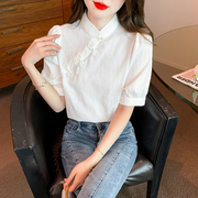 真丝衬衫女士短袖夏季衬衣中式国风盘扣小衫白色立领缎面上衣