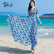 夏季蓝色雪纺碎花连衣裙，女长款到脚踝海边沙滩，超长显瘦短袖大摆裙