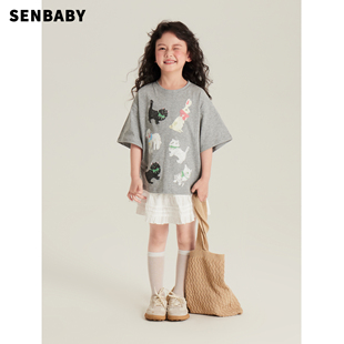 senbaby童装定制儿童夏装短袖韩版上衣中大童宽松百搭可爱动物T恤