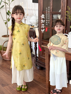 夏季女童新中式汉服套装儿童宝宝，旗袍裙+盘扣衬衫，+雪纺阔腿裤