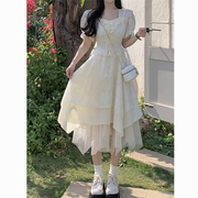 茶歇法式白色方领雪纺连衣裙女夏季小个子纱裙蛋糕蓬蓬仙女长裙子